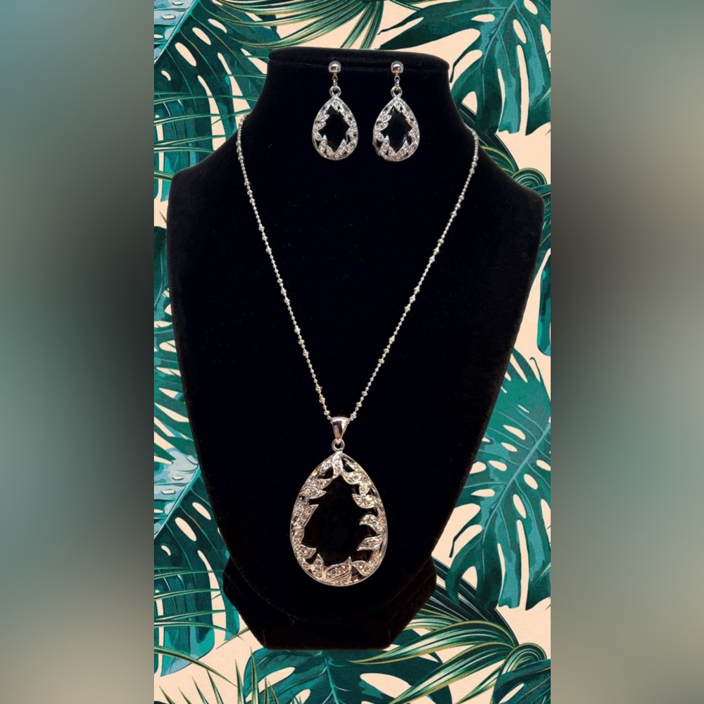 Silver-Tone Teardrop Obsidian Stone Encased Crystal Pendant & Matching Earrings